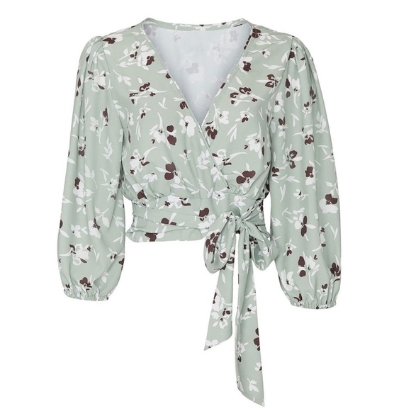 WILLOW 70s Sage Floral Print Wrap Tie Waist Puffed 3/4 Long Sleeve Crop Top XS - Picture 10 of 11